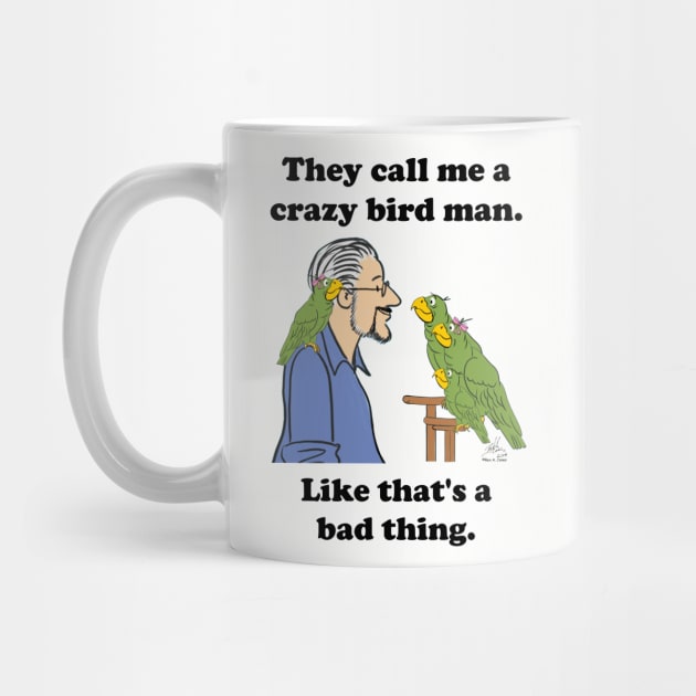 Crazy bird man with green parrots by Laughing Parrot